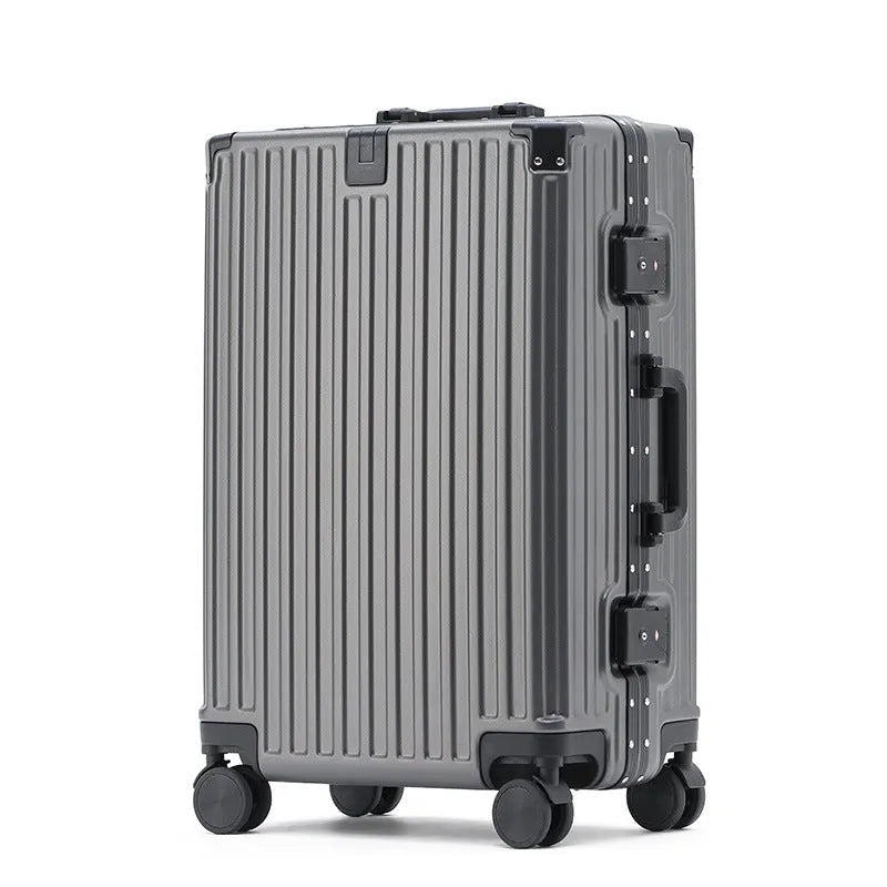 Hard-shell aluminium frame suitcase in avocado green colour with USB port and universal wheels.