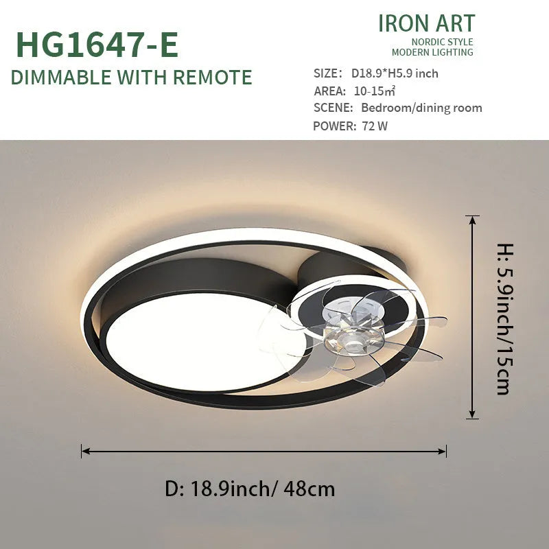 48cm overhead ceiling fan light with integrated lamp in black or gold finish, showing metal blades and acrylic lampshade.