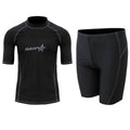 Men's blue quick-drying nylon swim set with half-sleeve top and matching swim pants on a mannequin.