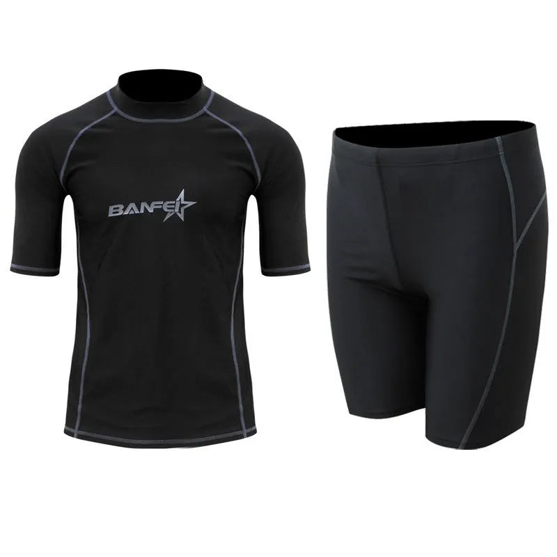 Men's blue quick-drying nylon swim set with half-sleeve top and matching swim pants on a mannequin.