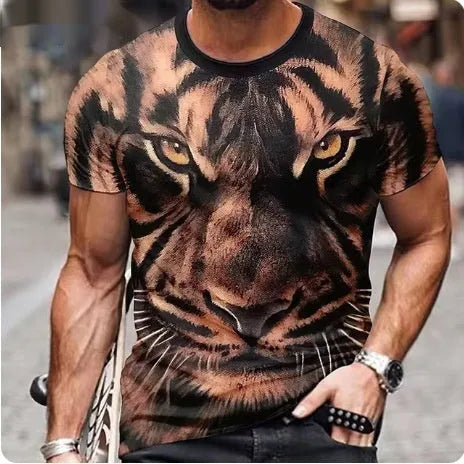 Men's black t-shirt with a large, detailed 3D printed graphic of a fierce lion's face on the front.