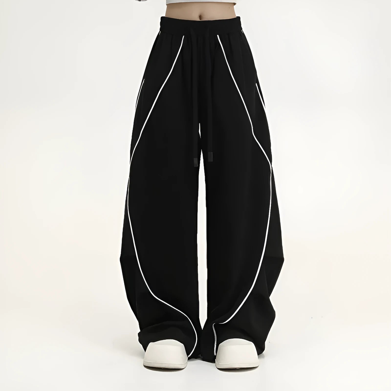 Black pleated wide-leg hip hop trousers with stripe pattern and mid waist cut