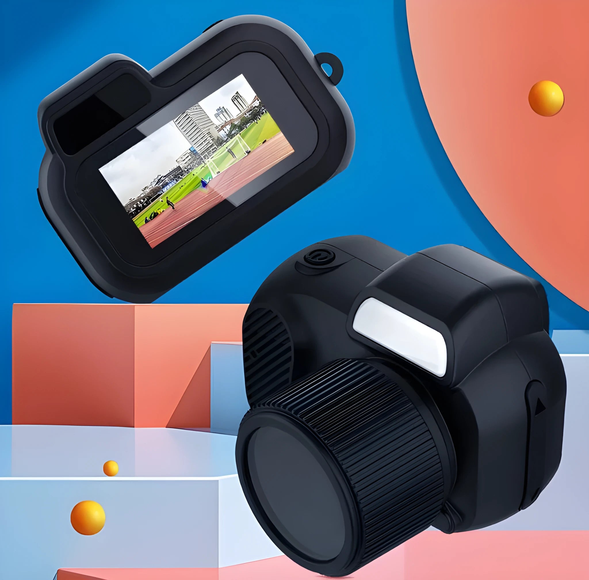 Black Y3000 HD compact sports camera with small display screen on a textured background.