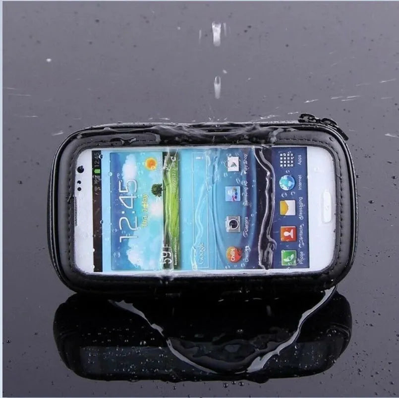 Black bicycle motorcycle phone holder waterproof case with silicone net showing phone secured on handlebar