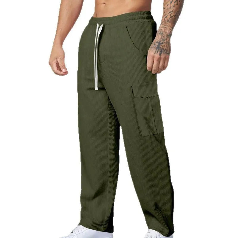 Men's corduroy cargo trousers with wide-leg cut and drawstring waist in navy blue colour