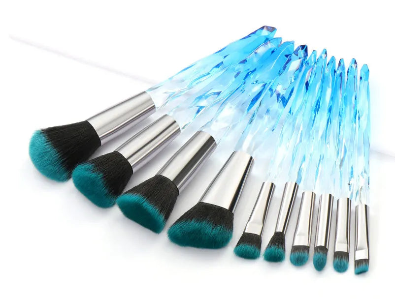 Ten clear crystal diamond-handle foundation brushes with artificial fibre bristles in four colours.