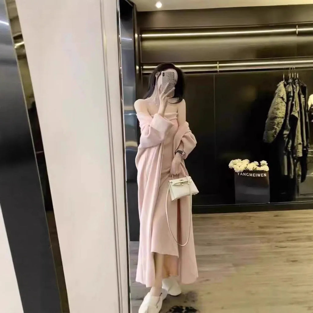 Women's grey knitted cardigan dress sweater suit with long skirt and flocking detail