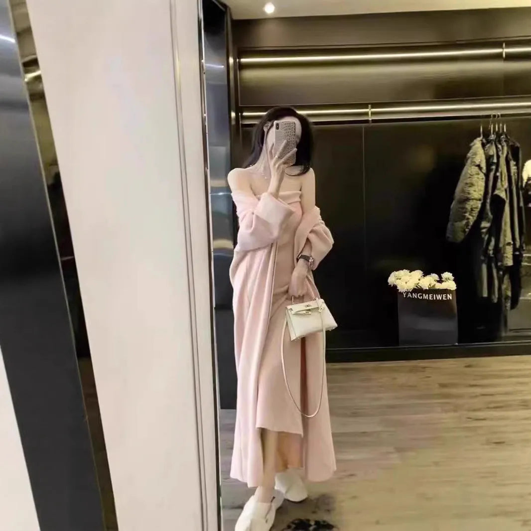 Women's grey knitted cardigan dress sweater suit with long skirt and flocking detail