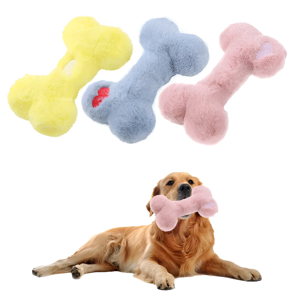 Blue plush bone-shaped dog toy with a squeaker for chew-resistant interactive play.