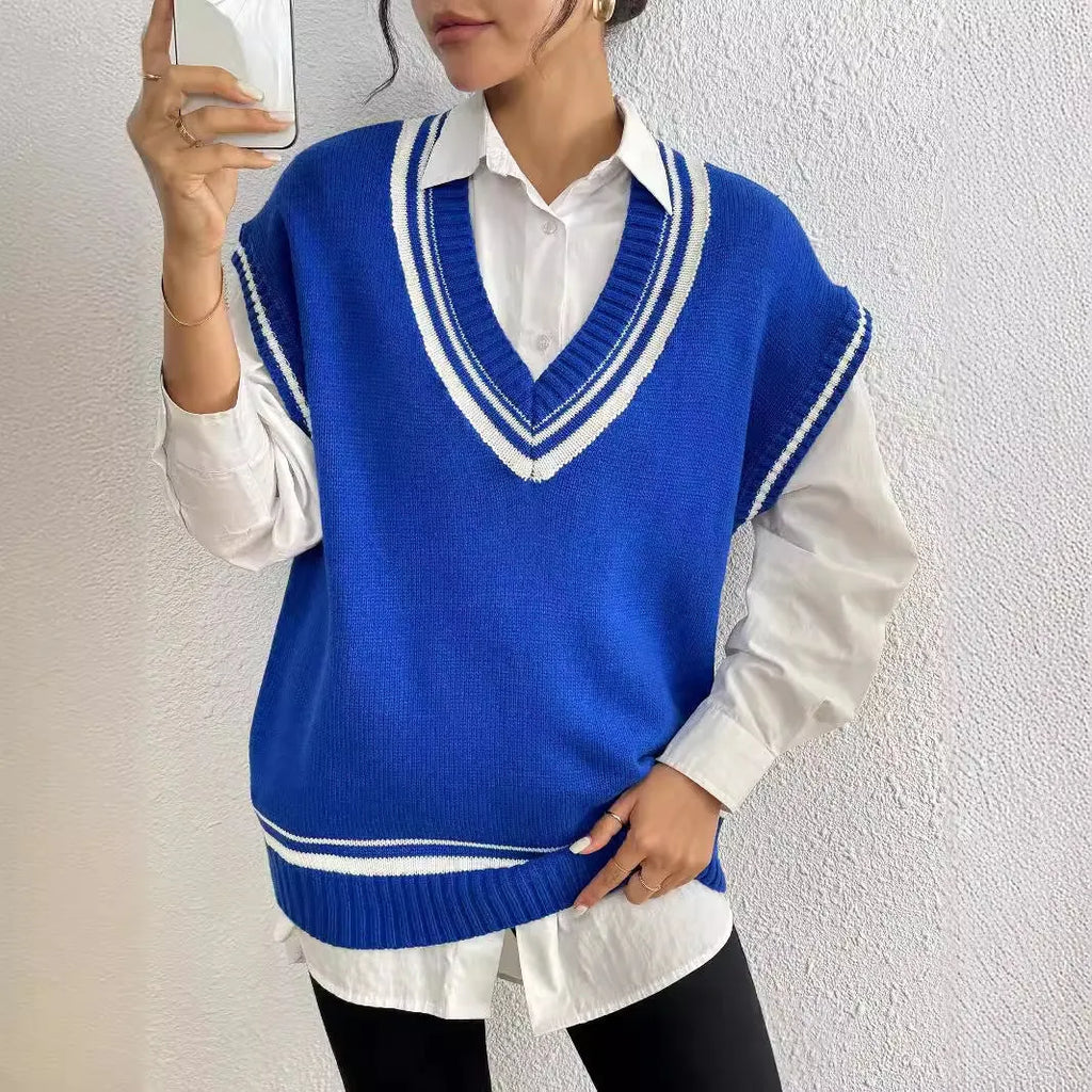 Women's loose fit college-style vest sweater in acrylic blend fabric