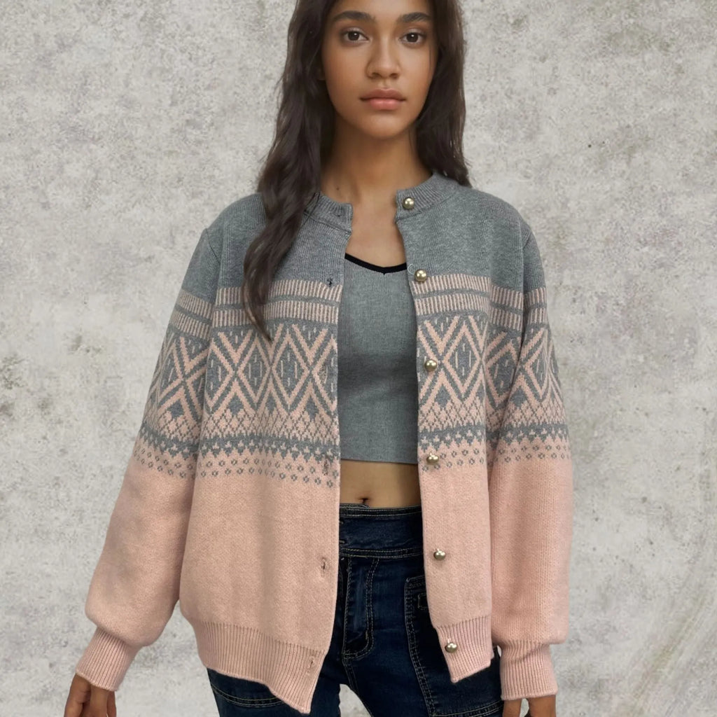 Women's grey alpaca wool cardigan with diamond knit colour block pattern and long sleeves