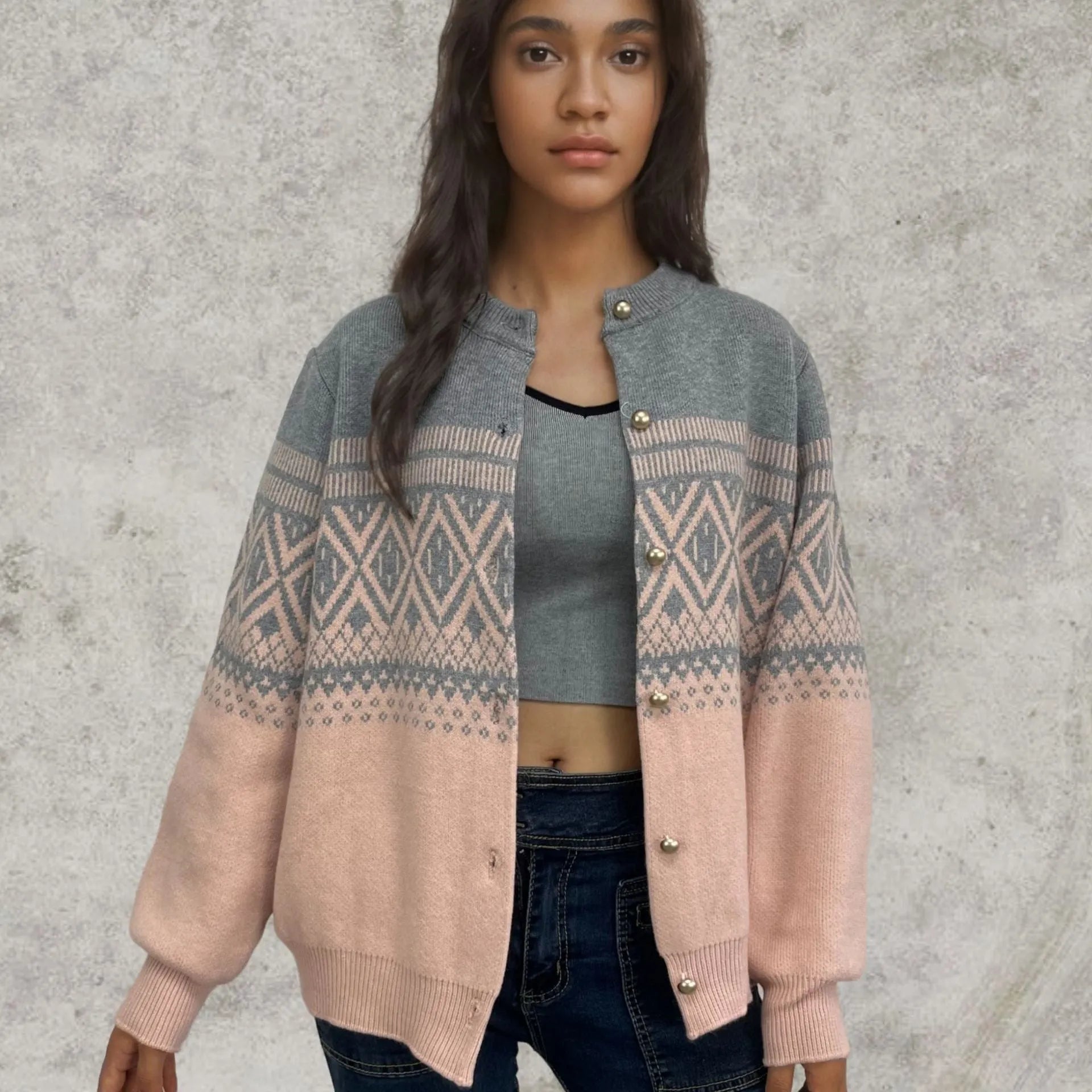 Women's grey alpaca wool cardigan with diamond knit colour block pattern and long sleeves