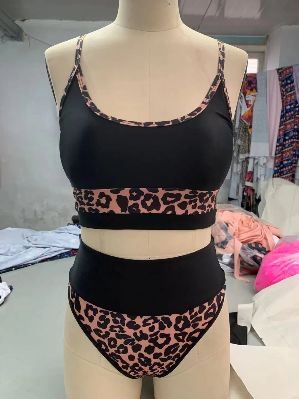 Women's high waist split bikini swimsuit in leopard print and white colour options