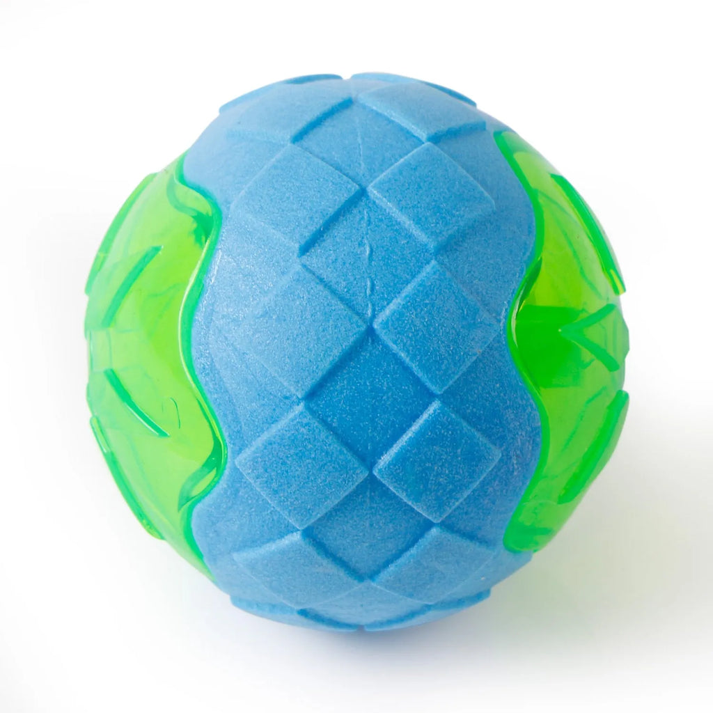 Blue dog toy ball with audible and glow features made from TPR material for chewing and floating play