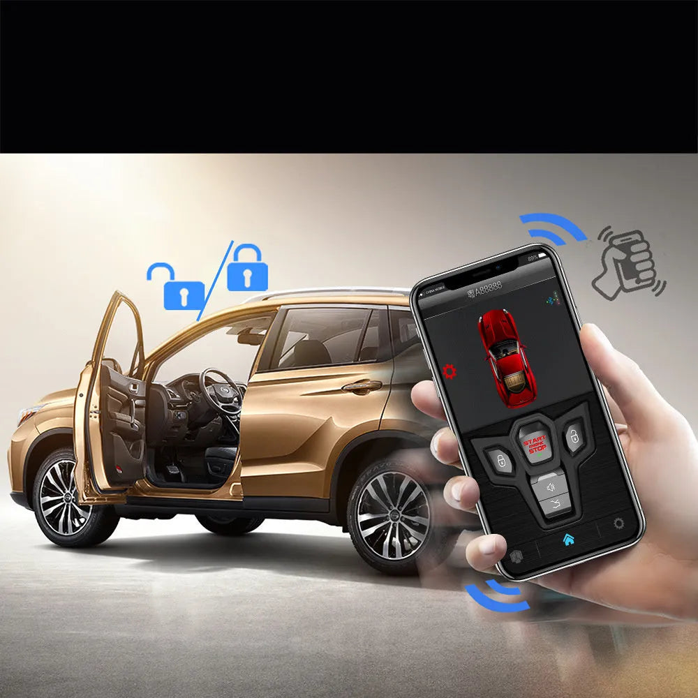 Red and frosted black car alarm system with two remote controls for vehicle security