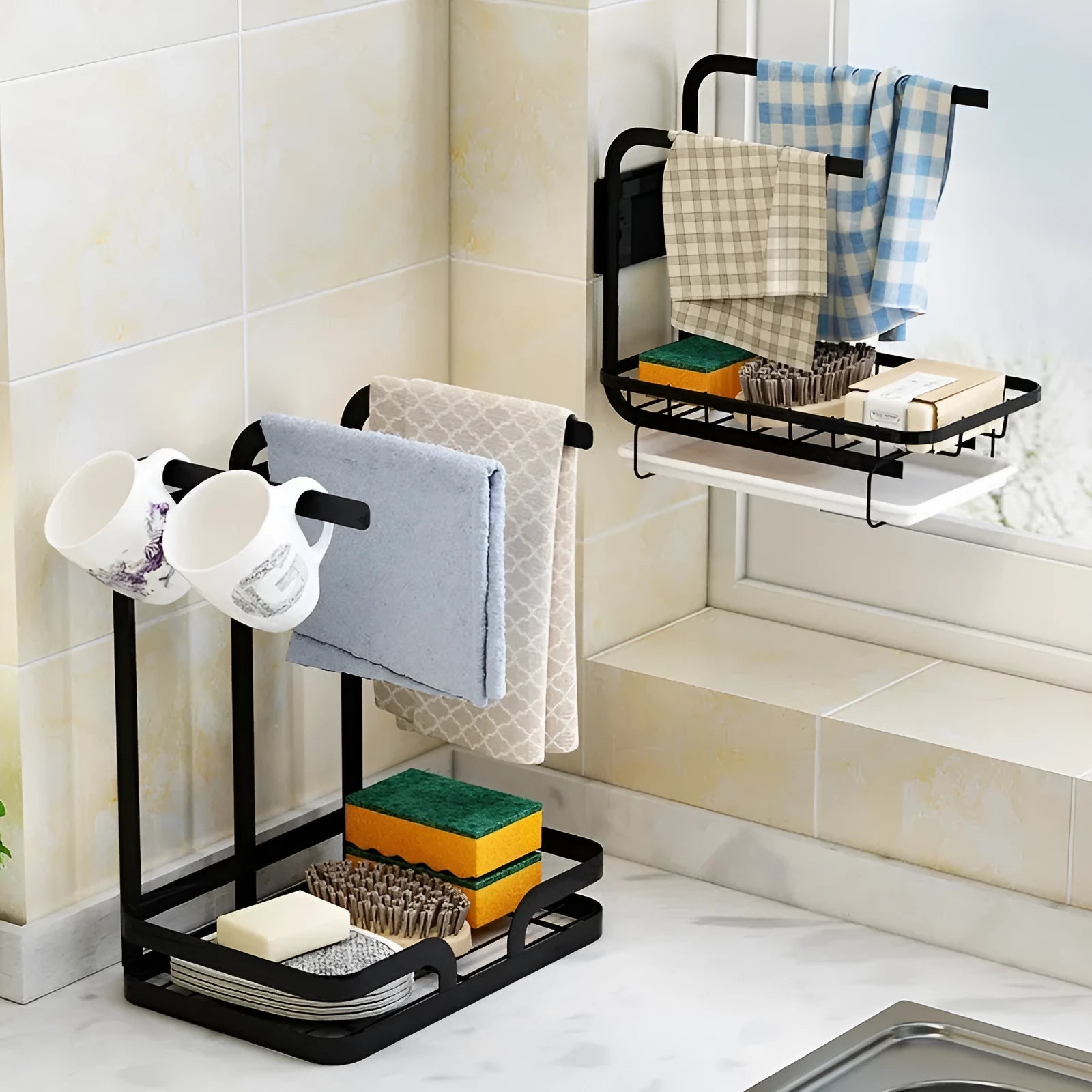 Foldable plastic kitchen storage rack for rags in a new Chinese style, shown in wall-mounted and tabletop use.