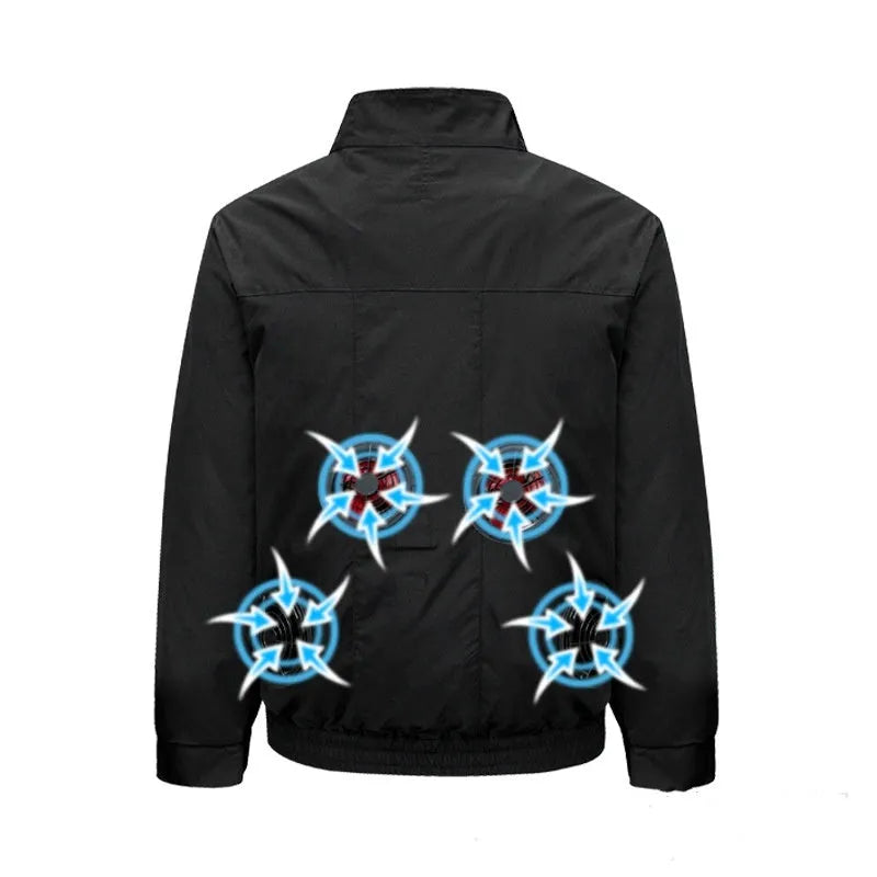 Smart air conditioning work jacket in black with fan holes, made from polyester blend fabric for summer outdoor use.