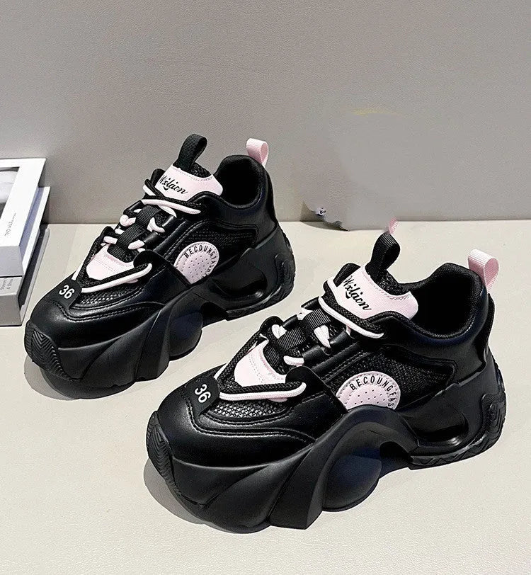 Women's casual thick bottom sneakers with cross strap detail and mid-heel in pink black or beige artificial PU