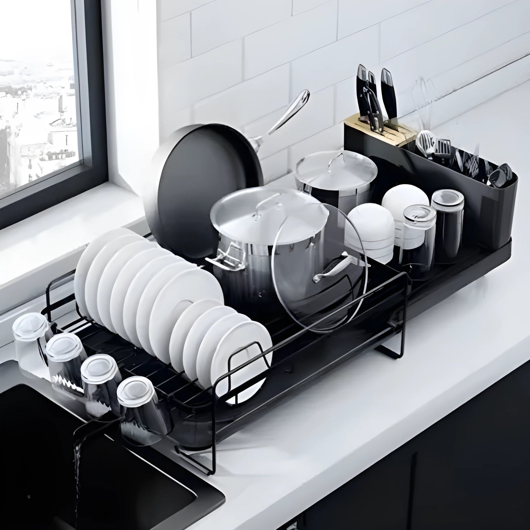 Retractable kitchen dish drying rack for cutlery and cups
