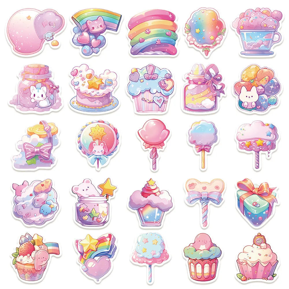 Pack of 50 colourful candy theme waterproof decorative stickers ranging from 4cm to 7cm for journal decoration