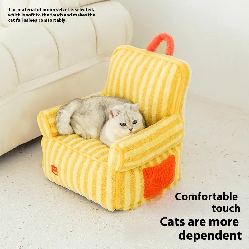 Striped orange plush pet bed with removable cover for small medium dogs