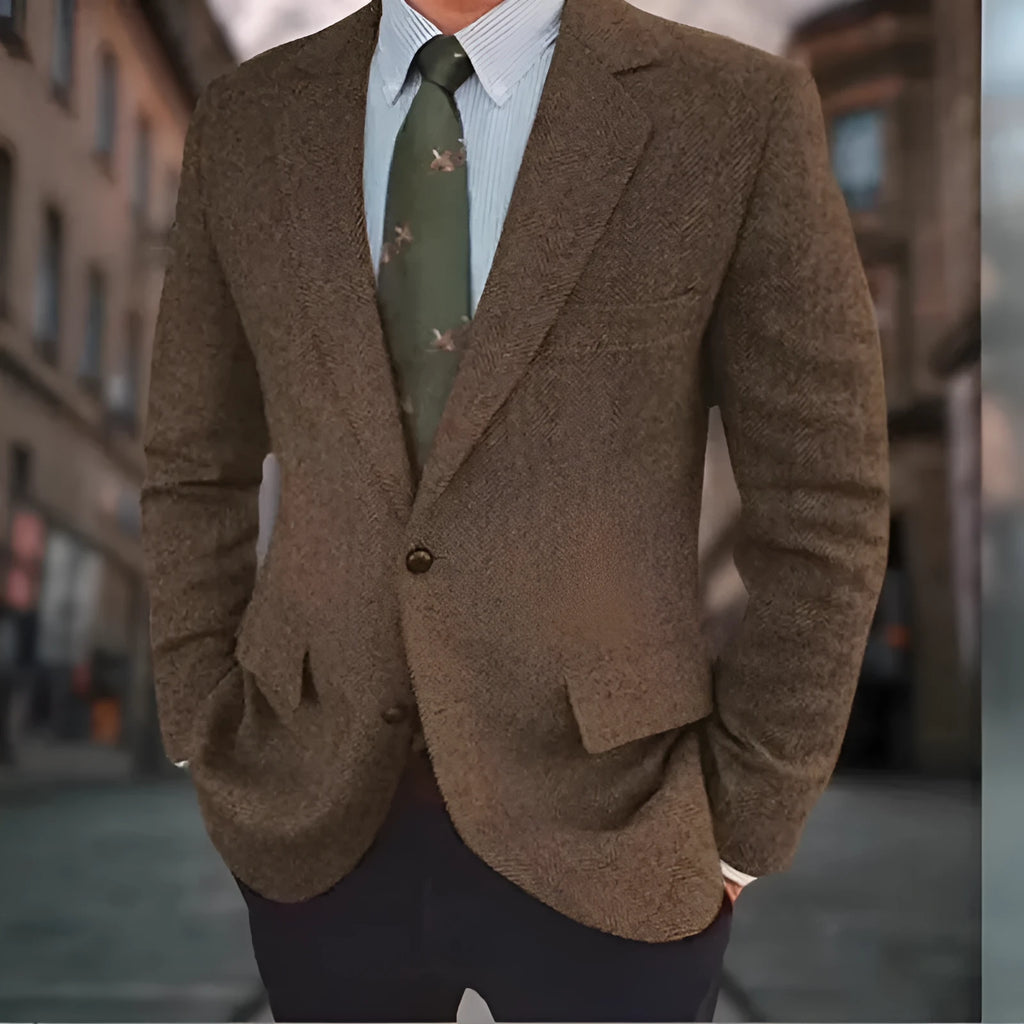 Men's brown herringbone pattern retro suit jacket with long sleeves on a hanger.