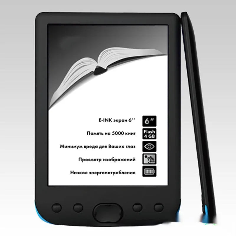 Black 6-inch E-ink screen e-book reader with multiple storage capacity options