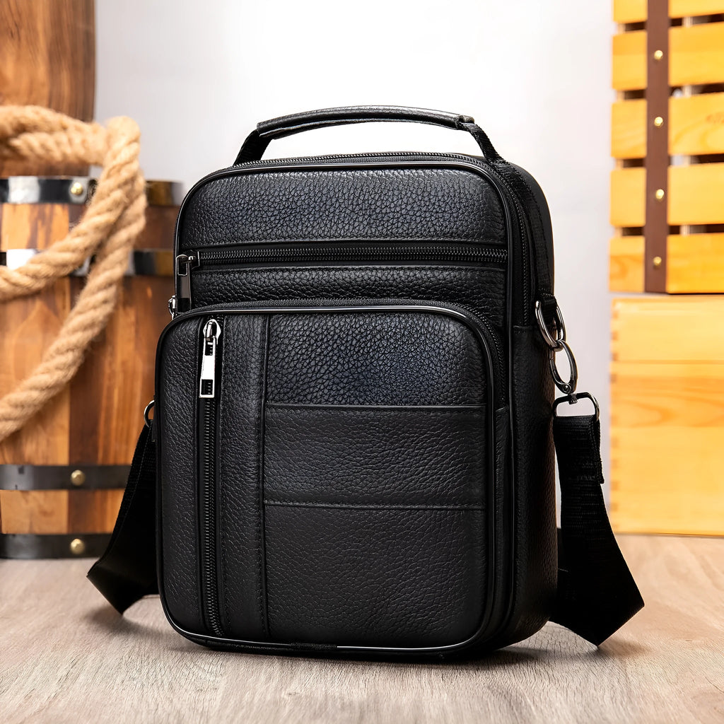 Men's vintage genuine leather shoulder bag in vertical square design showing internal organisation pockets