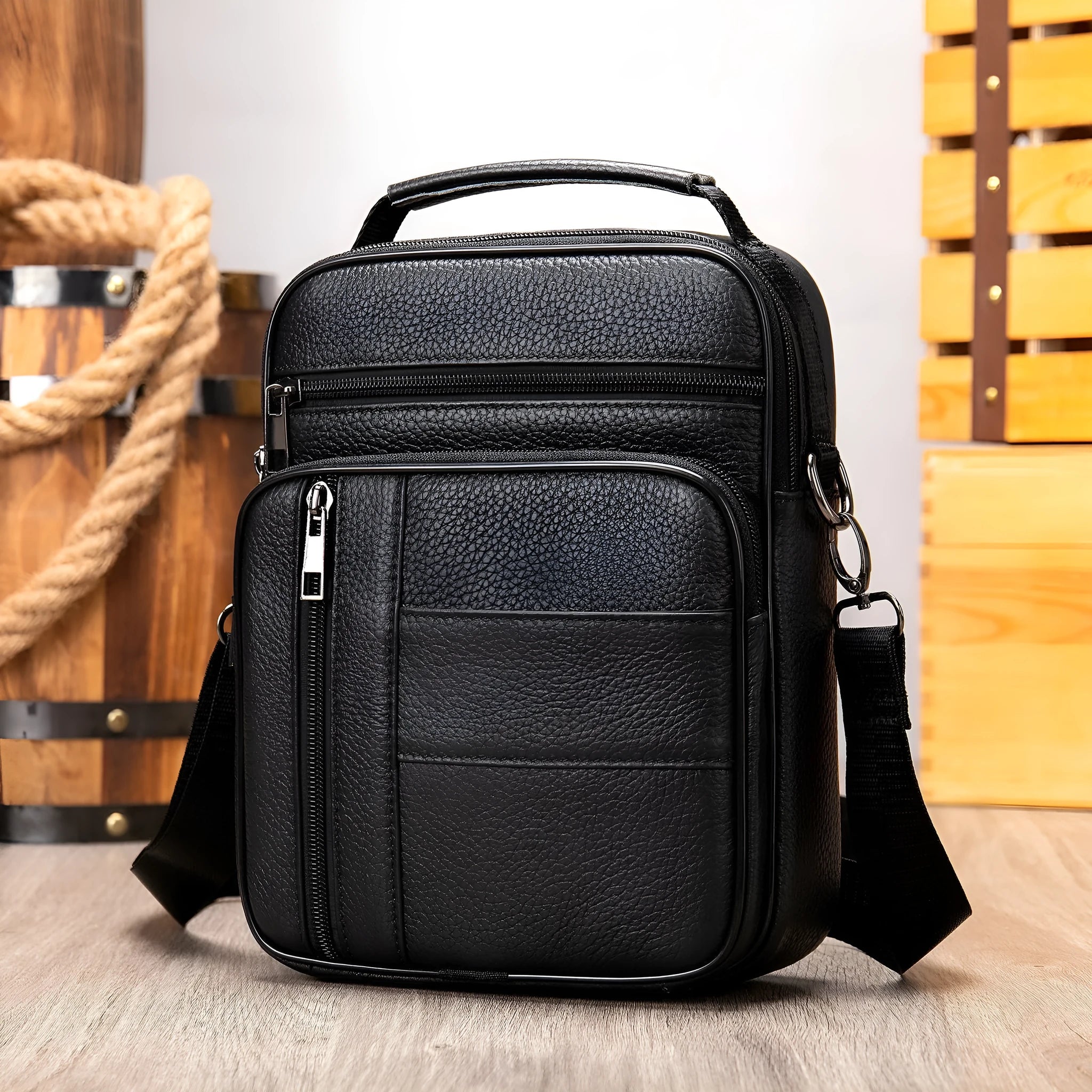 Men's vintage genuine leather shoulder bag in vertical square design showing internal organisation pockets