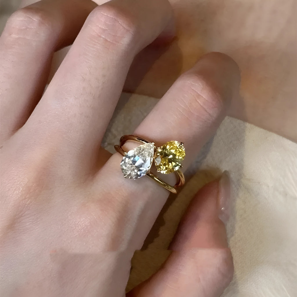 Geometric open ring with water drop double sheng stone on copper base with zircon detailing