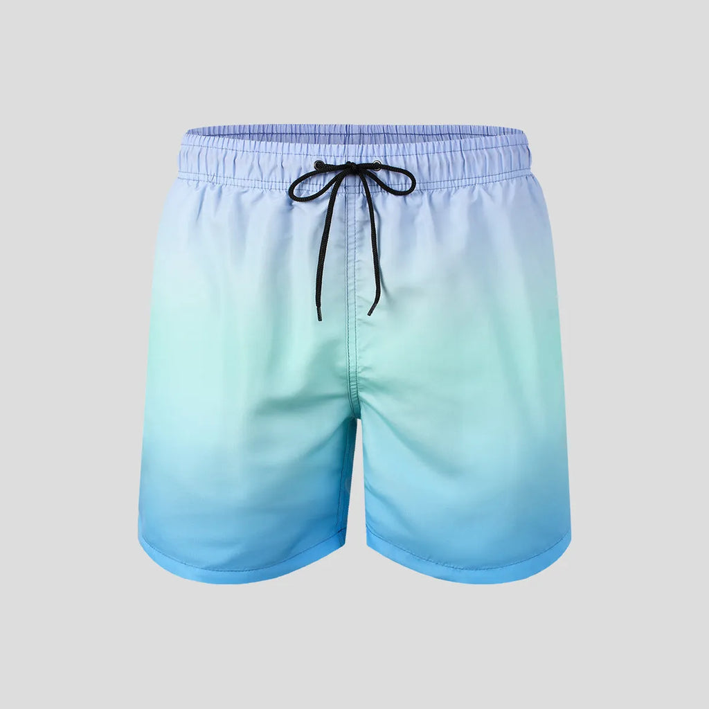 Men's grey and blue gradient 3D print mesh sports shorts on a white background.