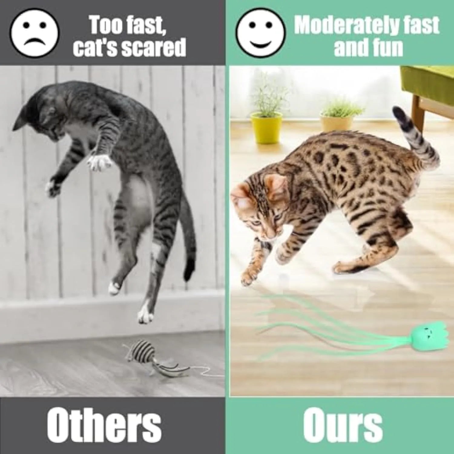 Rechargeable automatic cat toy with motorised swinging silicone tail on green background