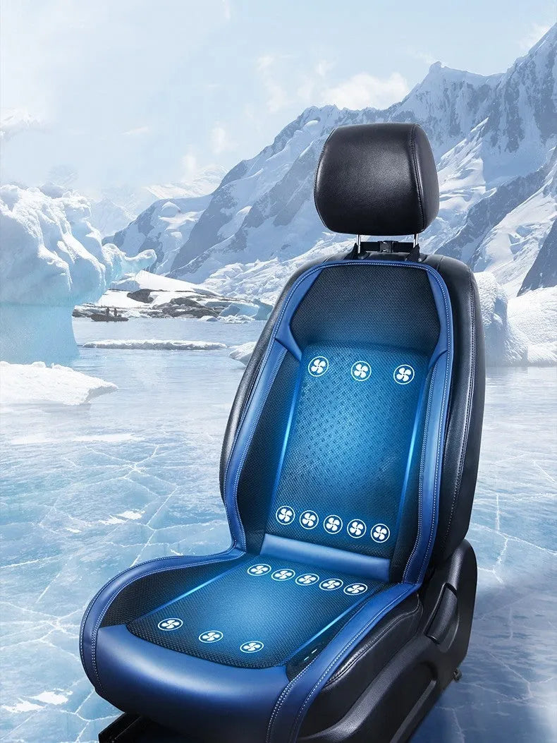 Car cooling seat cushion with ventilation fan in black colour on driver's seat with 12V power connection