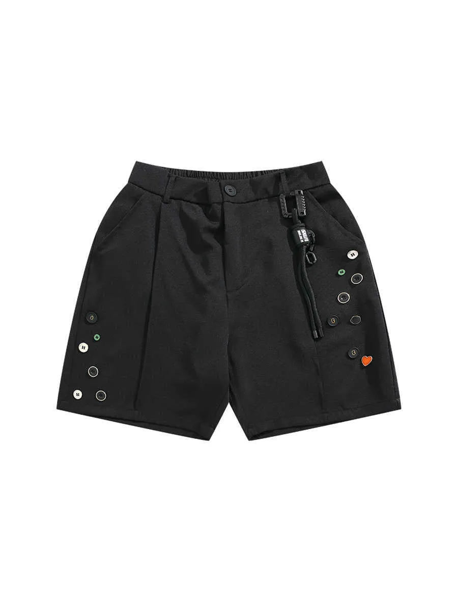 Black men's loose-fit casual shorts with a semi-elastic waistband, colour button, and zip fly.