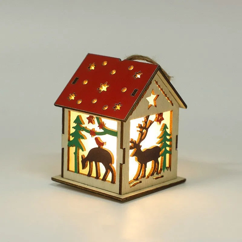 Decorative festive luminous wooden pendant 7cm x 7cm x 9cm, wooden ornament with wick and battery, Snowman B style