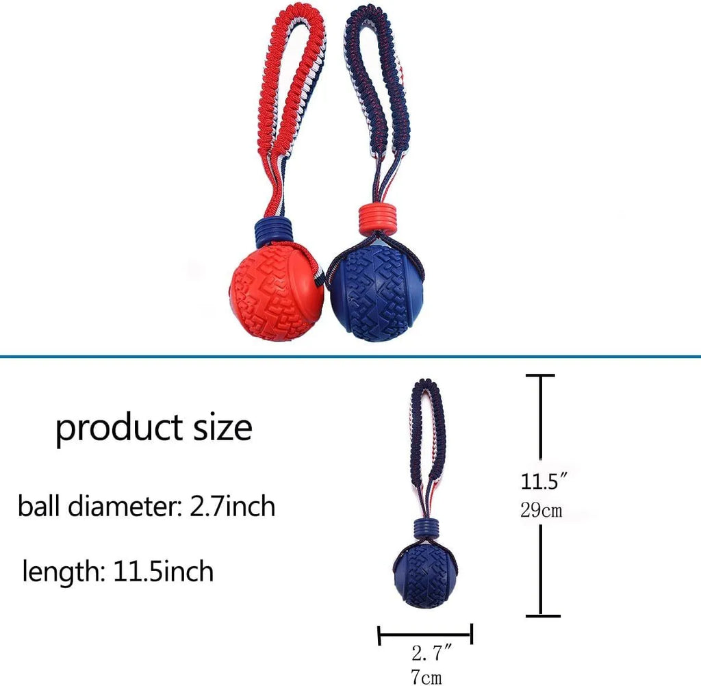 Blue rubber dog ball with natural rope attached for tug and chew play