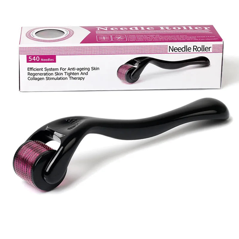 Black derma roller with titanium needles for facial, beard, and scalp microneedling treatments.