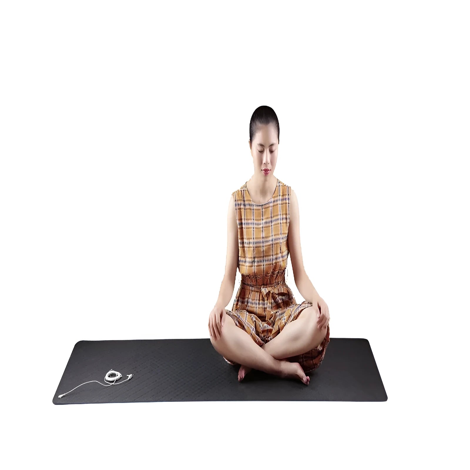 Blue conductive yoga mat with floral pattern and grounding wire for earthing exercises