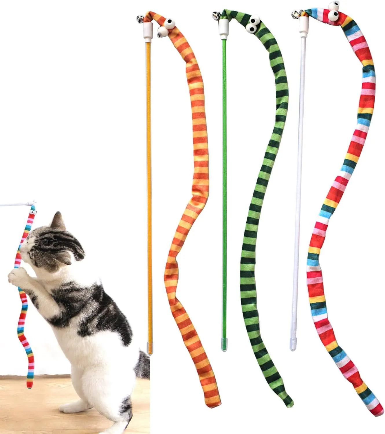 Plush cat teaser wand toy with colourful strip and bell on polycarbonate pole