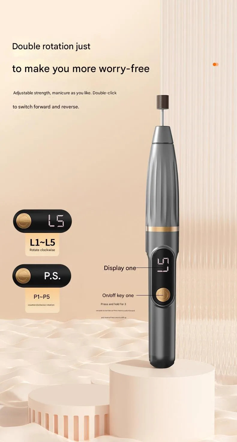 Compact electric nail file with LCD display in grey colour option
