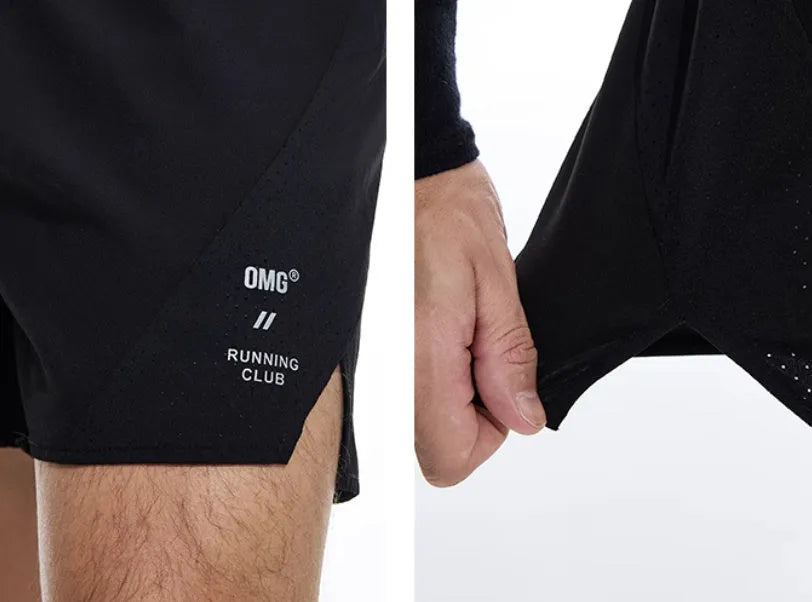Black running shorts with laser-punched stitching and four-sided stretch fabric laid flat.