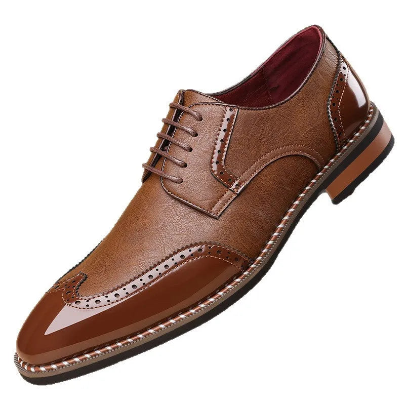 Men's black pointed toe business casual shoes with PU upper and rubber sole