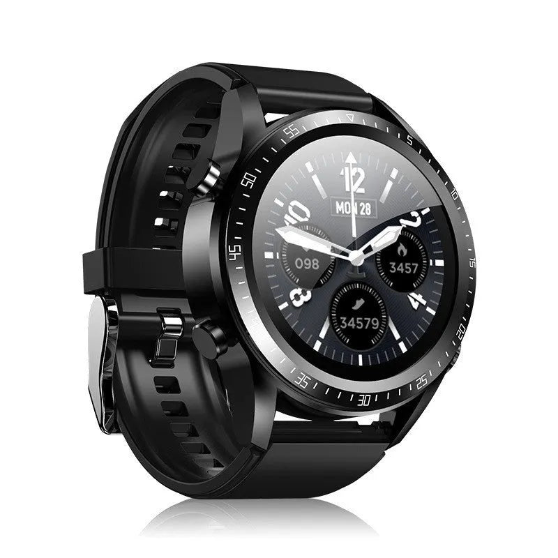 Black smartwatch with blood pressure monitoring on silicone strap showing health metrics on screen