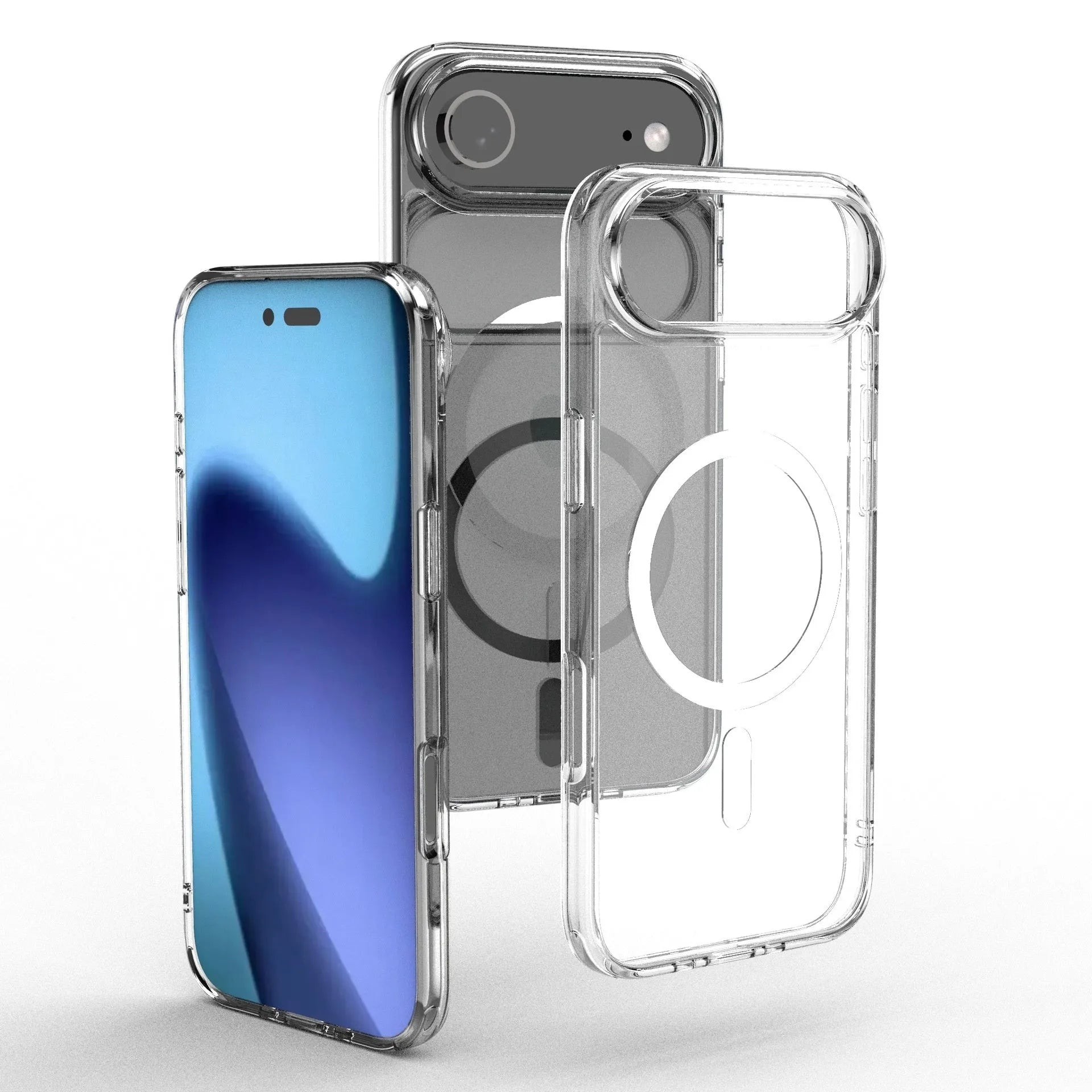 Transparent magnetic protective case for iPhone 17 series phones showing clear design and magnetic ring