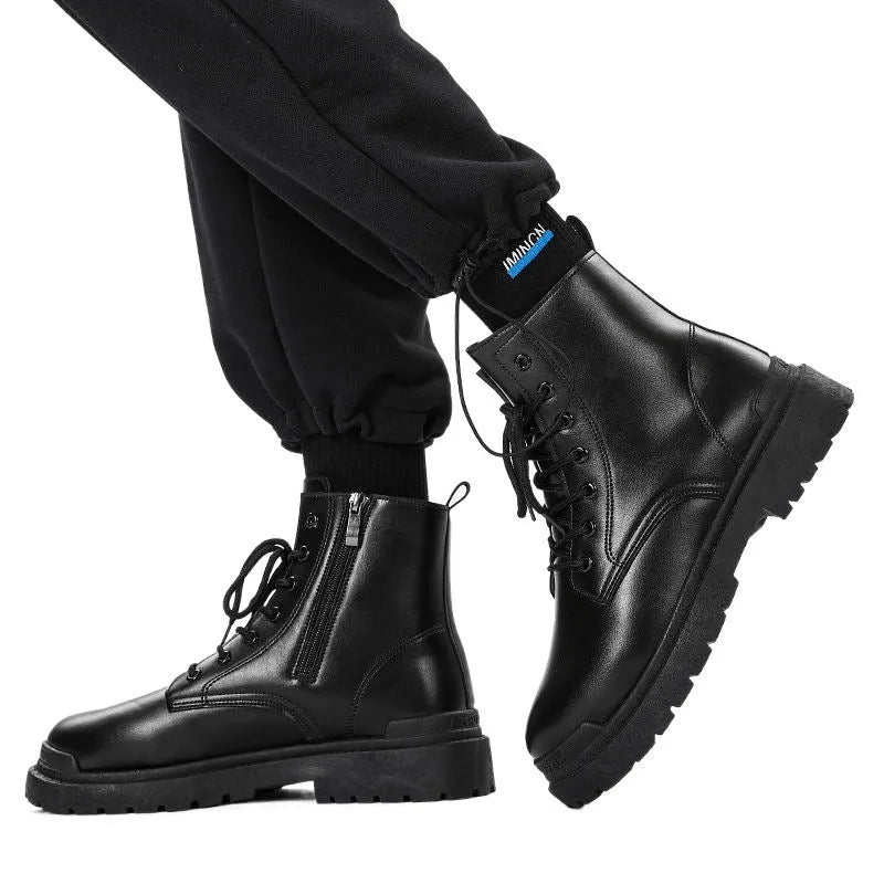 Men's black mid-top Martin boots with flat rubber sole and waterproof construction