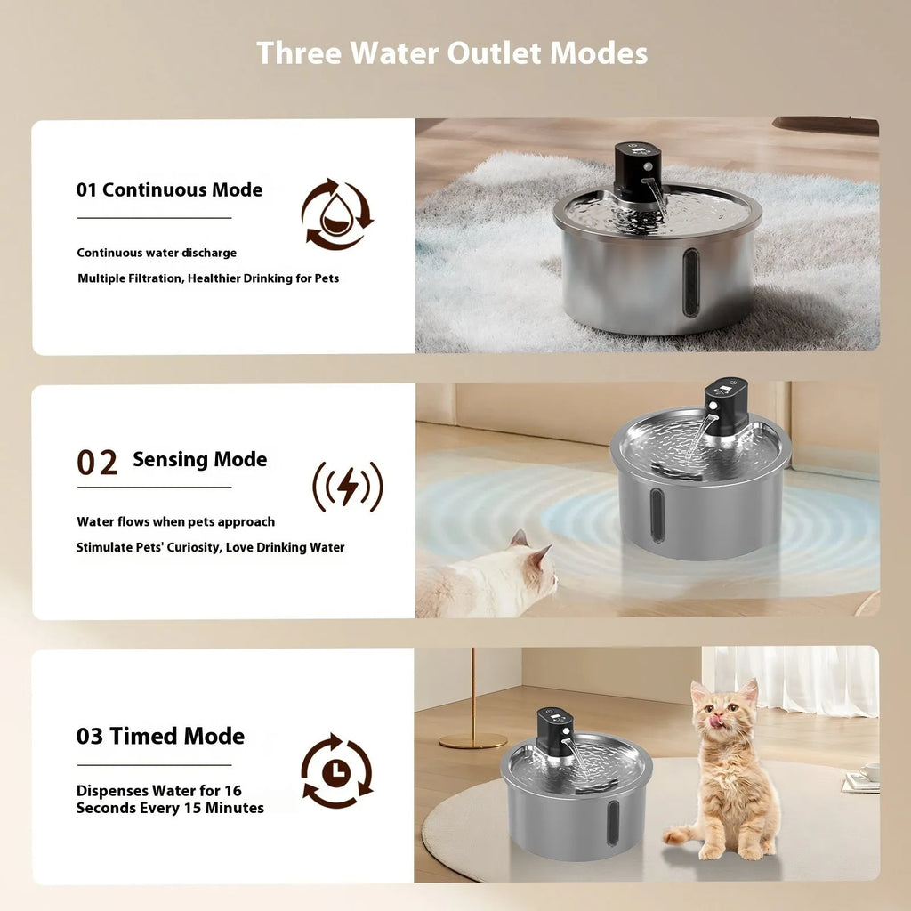 Stainless steel heated cat water fountain with temperature control base in white or black