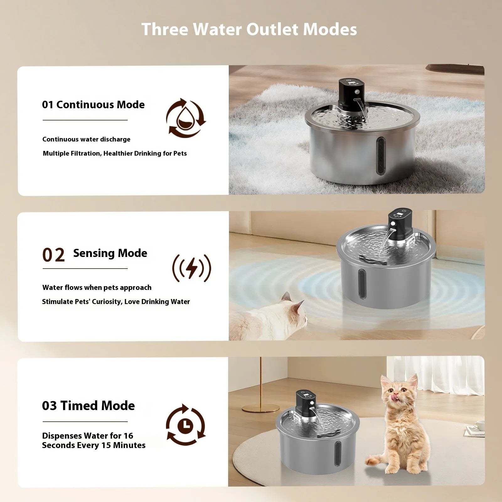 Stainless steel heated pet water fountain with white control base on a wooden floor.