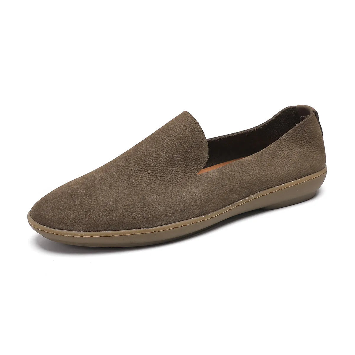 Men's handmade khaki and grey low-top casual shoes with a cowhide lining and rubber wedge sole.
