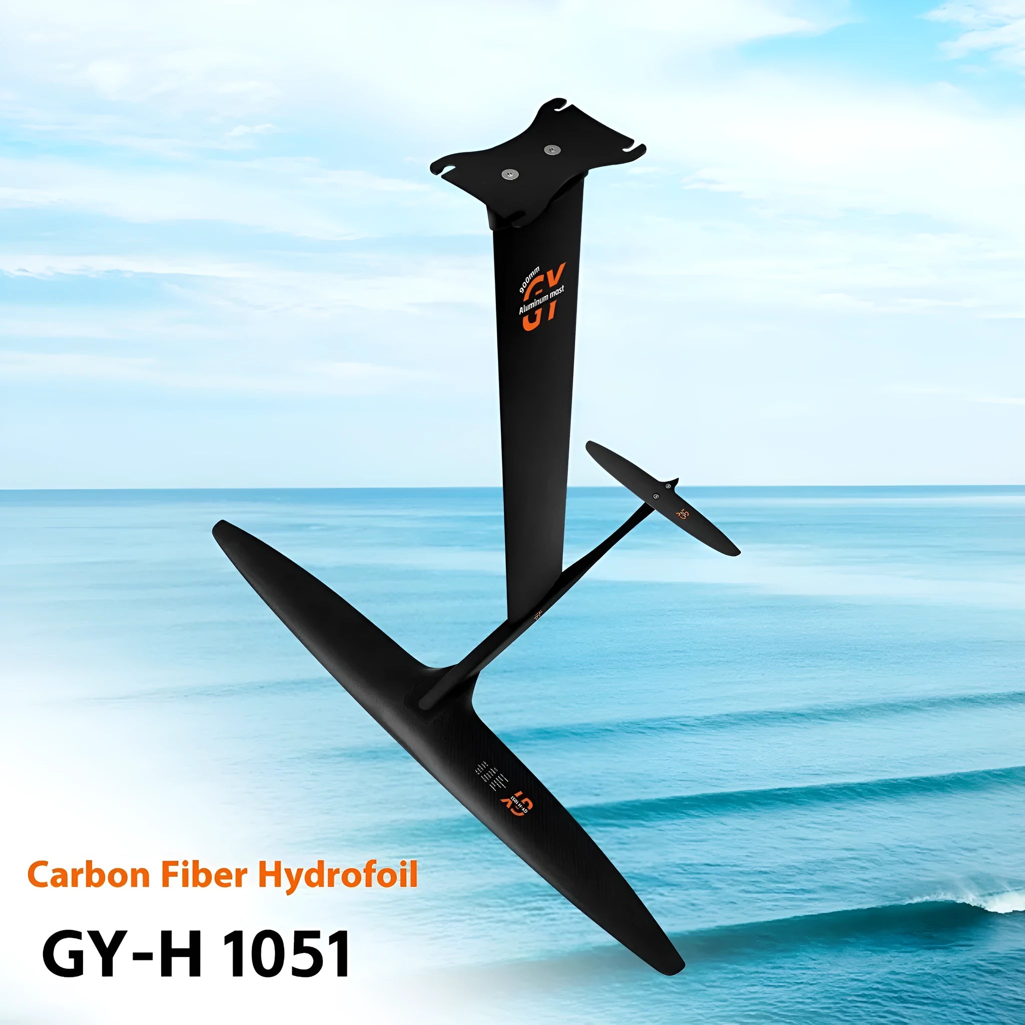 Black carbon fibre and aluminium alloy racing hydrofoil for surfing with 1051mm front wing