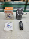 Three-in-one folding magnetic wireless fast charging charger in Iron Grey with phone, earphones and watch placed on charging pads